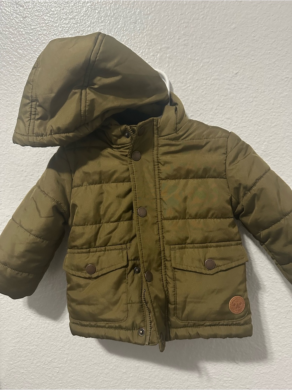 Little Me Olive Green Hooded Puffer Jacket for Kids